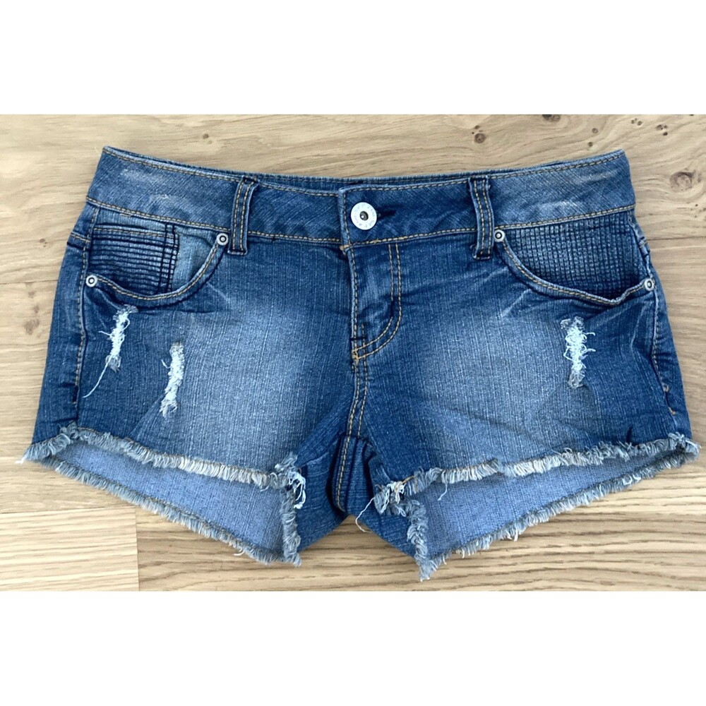 Y2K Rue 21 Low Rise Denim Jean Shorts 3/4 Embellish Pockets Boho Hippie Preppy